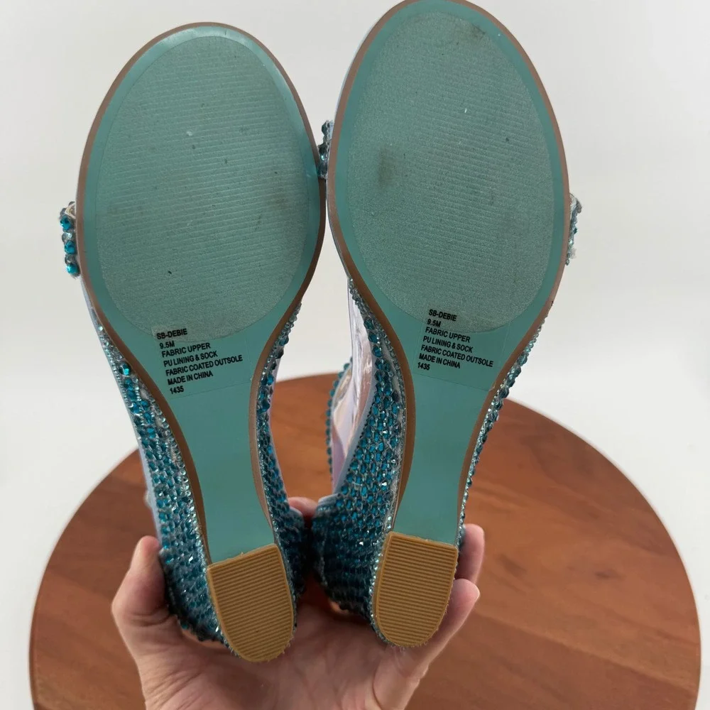 Betsey Johnson SB-DEBIE Wedge Sandals Womens Blue Rhinestone Crystal 9.5M